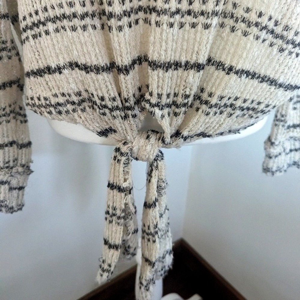 Altar'd State Pullover Small White Black Striped Knit V Neck Tie Front Sweater - Picture 3 of 8